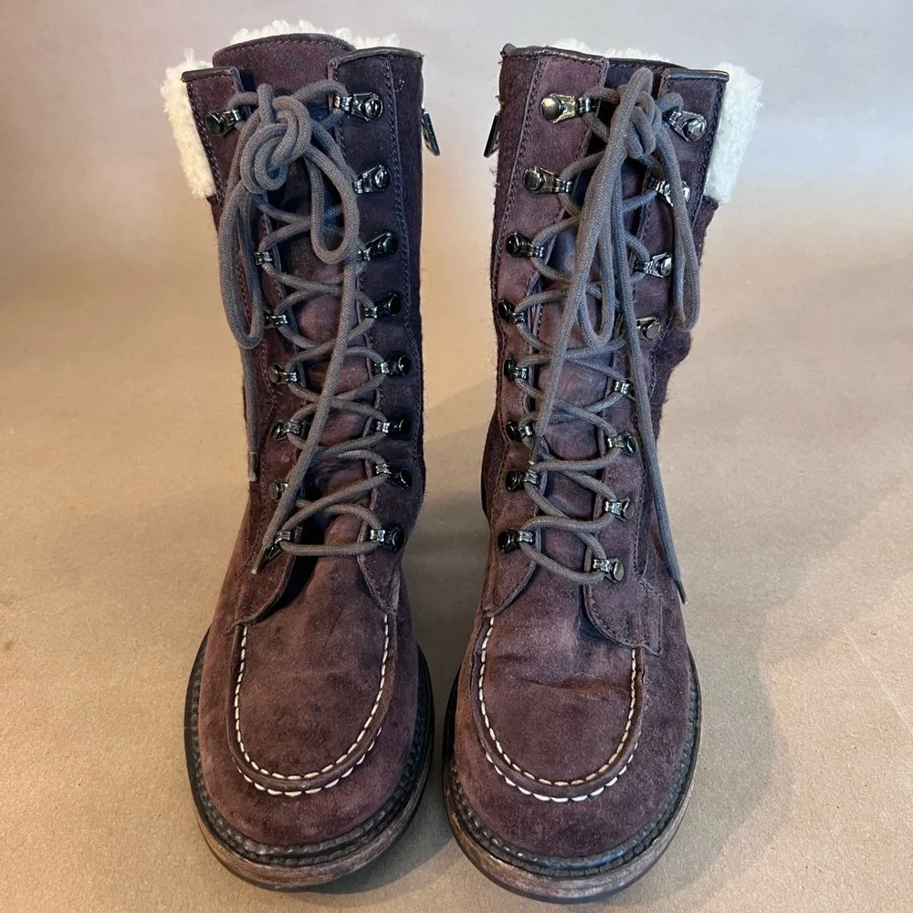 Chanel Brown Suede Leather CC Logo Shearling Combat Lace Boots Size EU 36 US 5.5